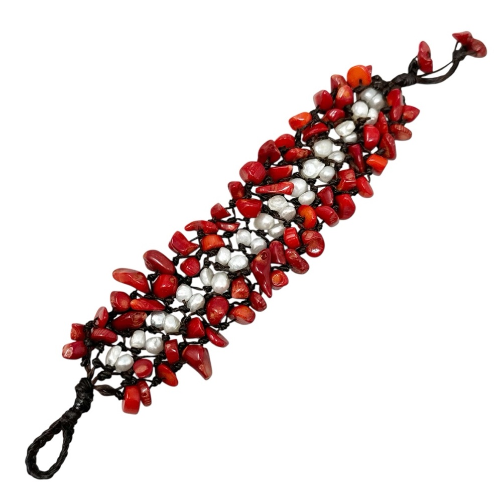 Red Coral & Fresh Water Pearl Boho Braided Cord Bracelet